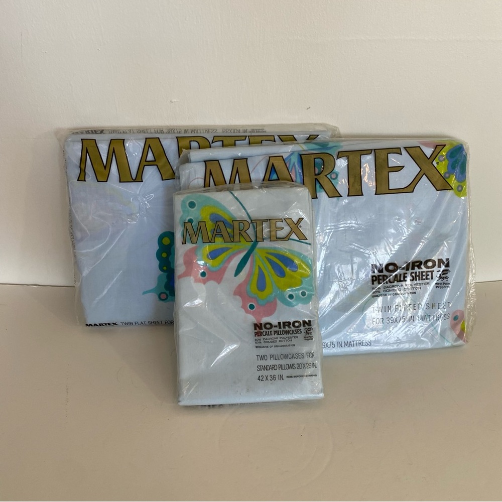 Martex Blue Butterfly no iron percale twin size sheet set complete NOS